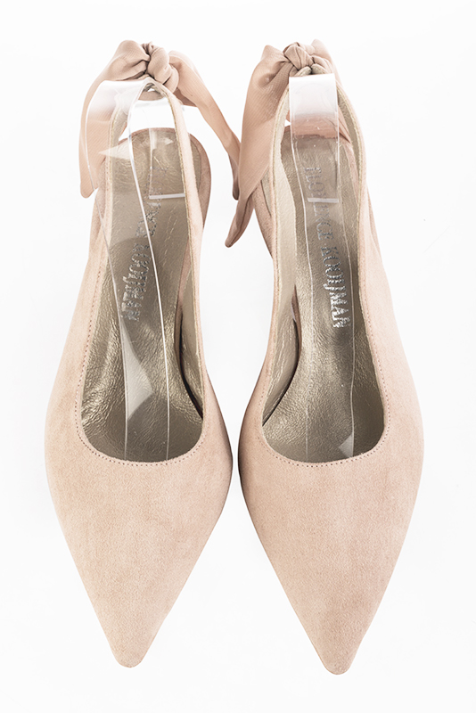Powder pink women's slingback shoes. Pointed toe. Medium slim heel. Top view - Florence KOOIJMAN